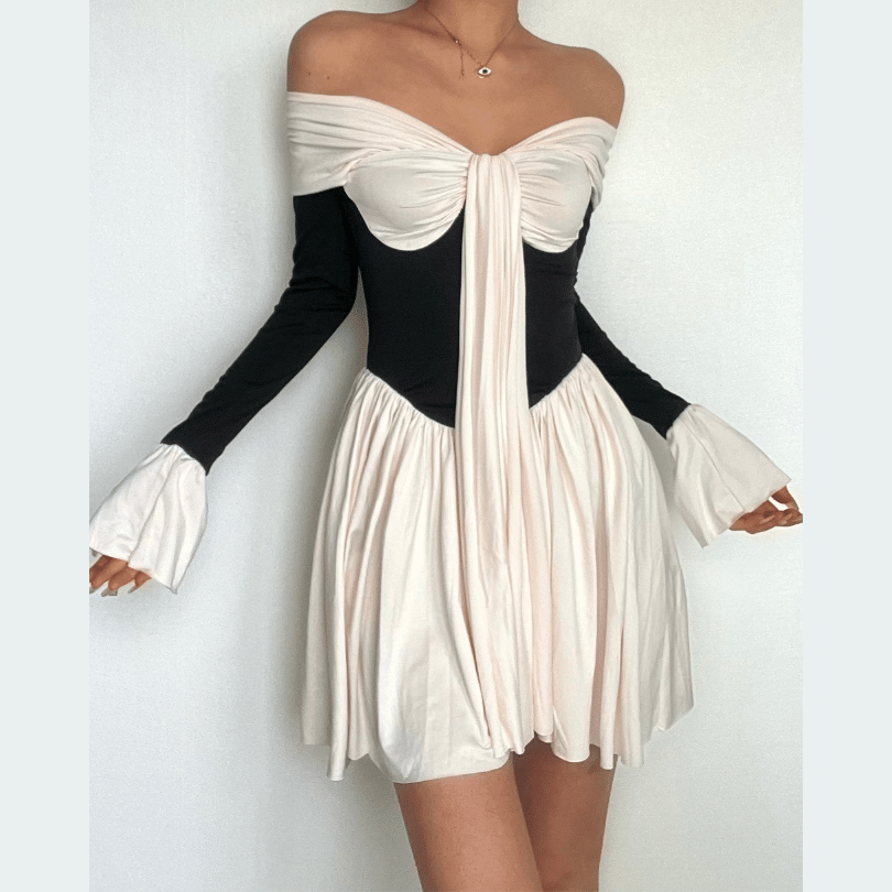 The 'Glamour Bow' Off-Shoulder Mini Dress | Chic Contrast Fall & Holiday Party Essential