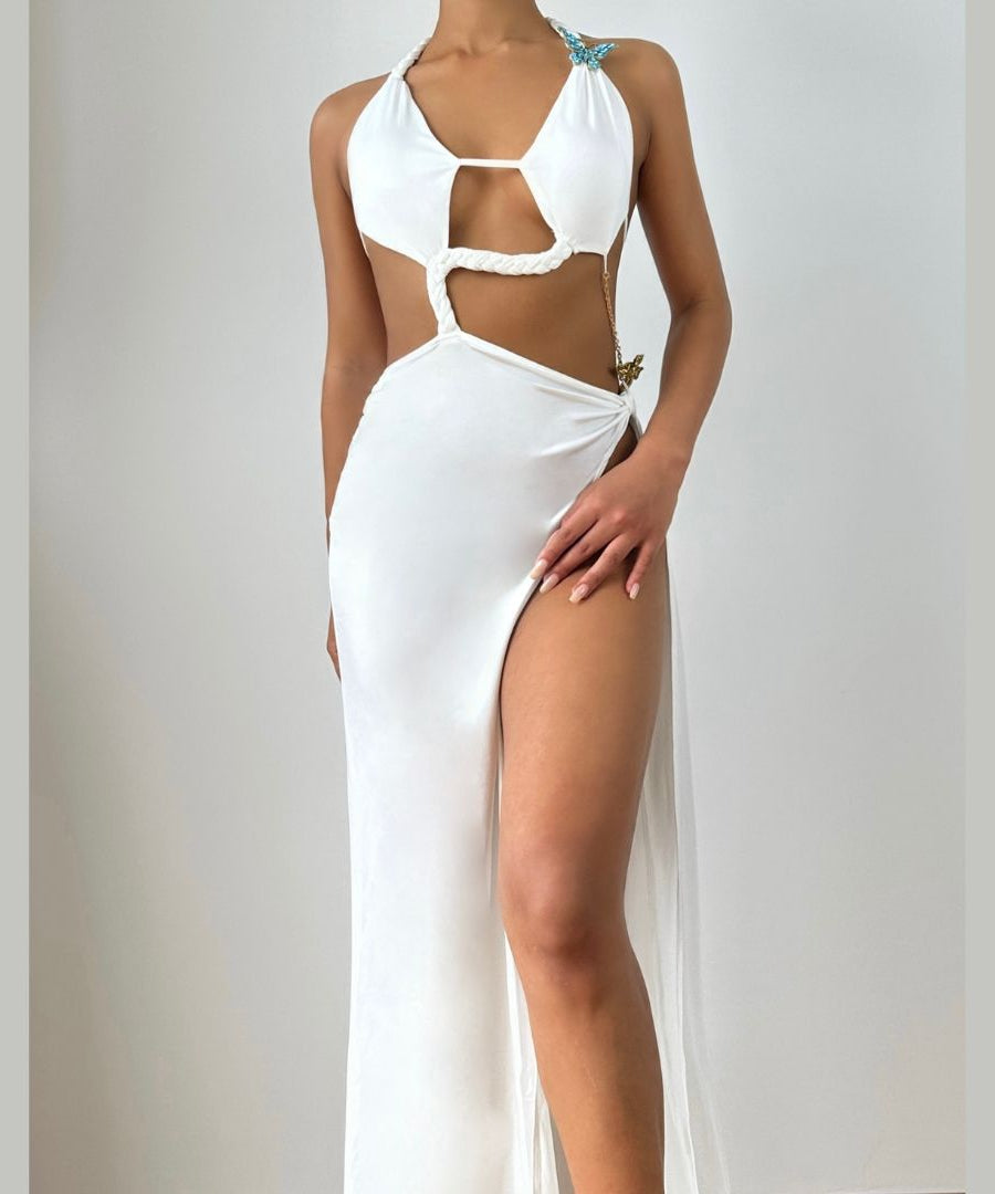 Glamorous White Butterfly Halter Cutout Maxi Dress | High Slit Resort & Holiday Gown