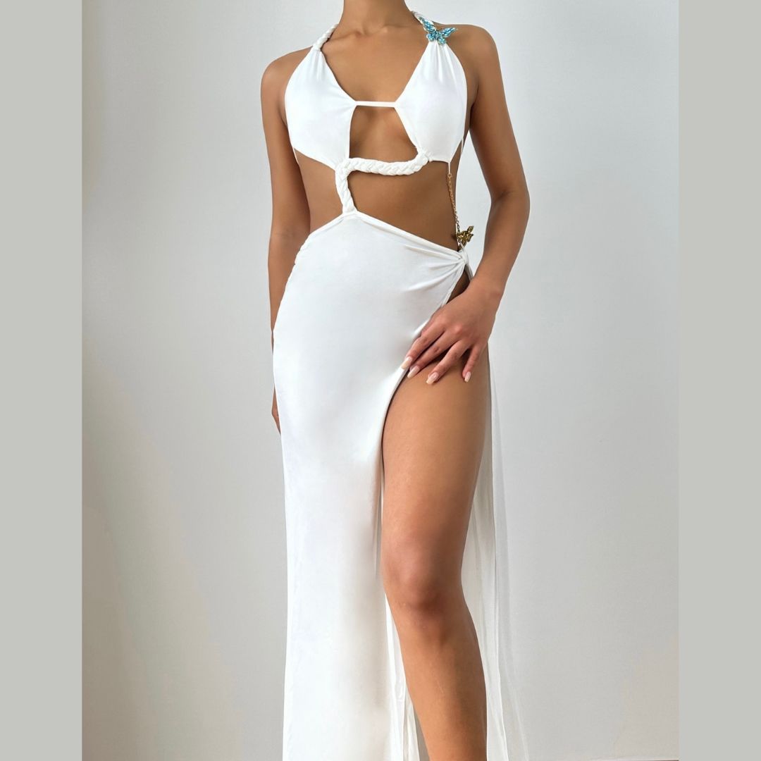 Glamorous White Butterfly Halter Cutout Maxi Dress | High Slit Resort & Holiday Gown