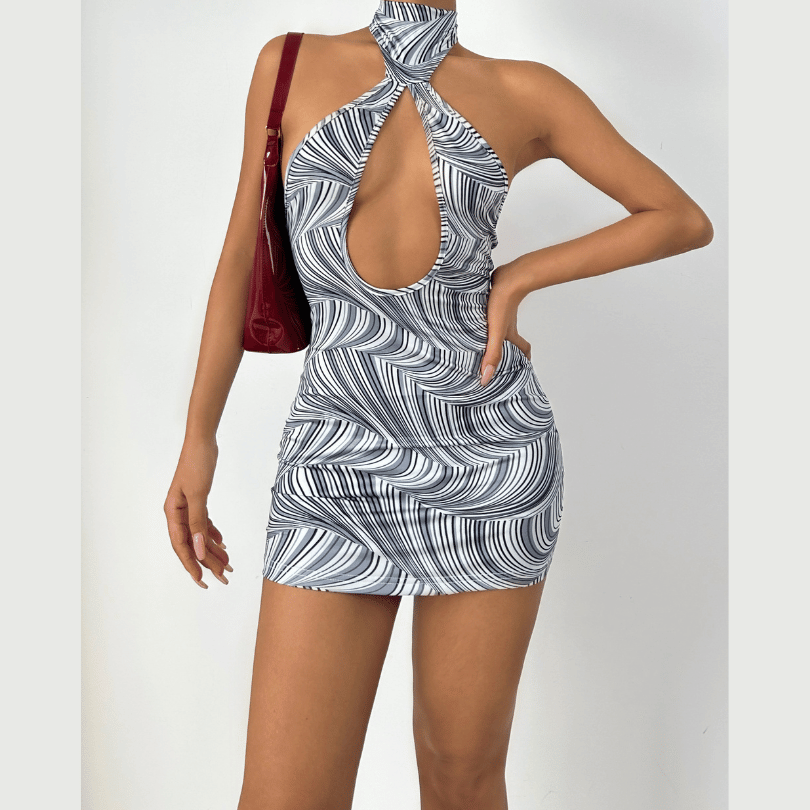 Y2K Ripple Halter Cutout Mini Dress - Your Fall Party & Club Night Statement Piece