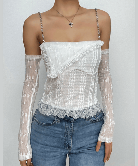 Edgy Glam Chain Strap Off-Shoulder Top with Sheer Floral Arm Warmers - Your Fall Party Statement