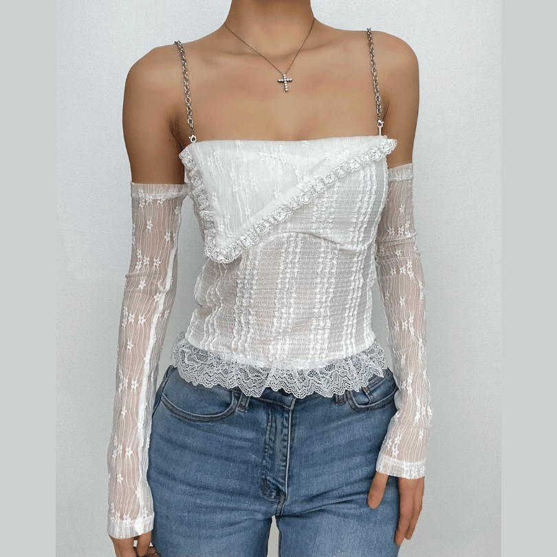 Edgy Glam Chain Strap Off-Shoulder Top with Sheer Floral Arm Warmers - Your Fall Party Statement