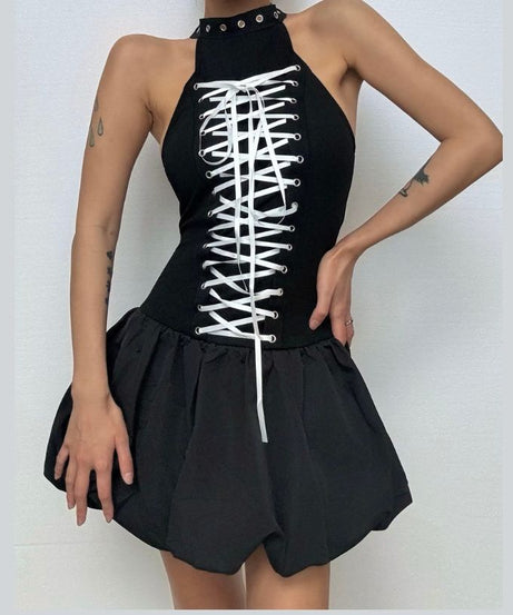 Gothic Chic Halter Corset Mini Dress - Edgy Bubble Skirt for Fall & Halloween Parties