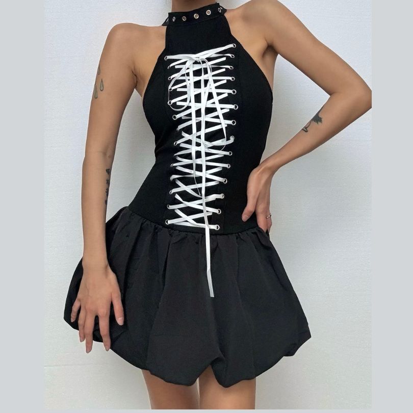 Gothic Chic Halter Corset Mini Dress - Edgy Bubble Skirt for Fall & Halloween Parties