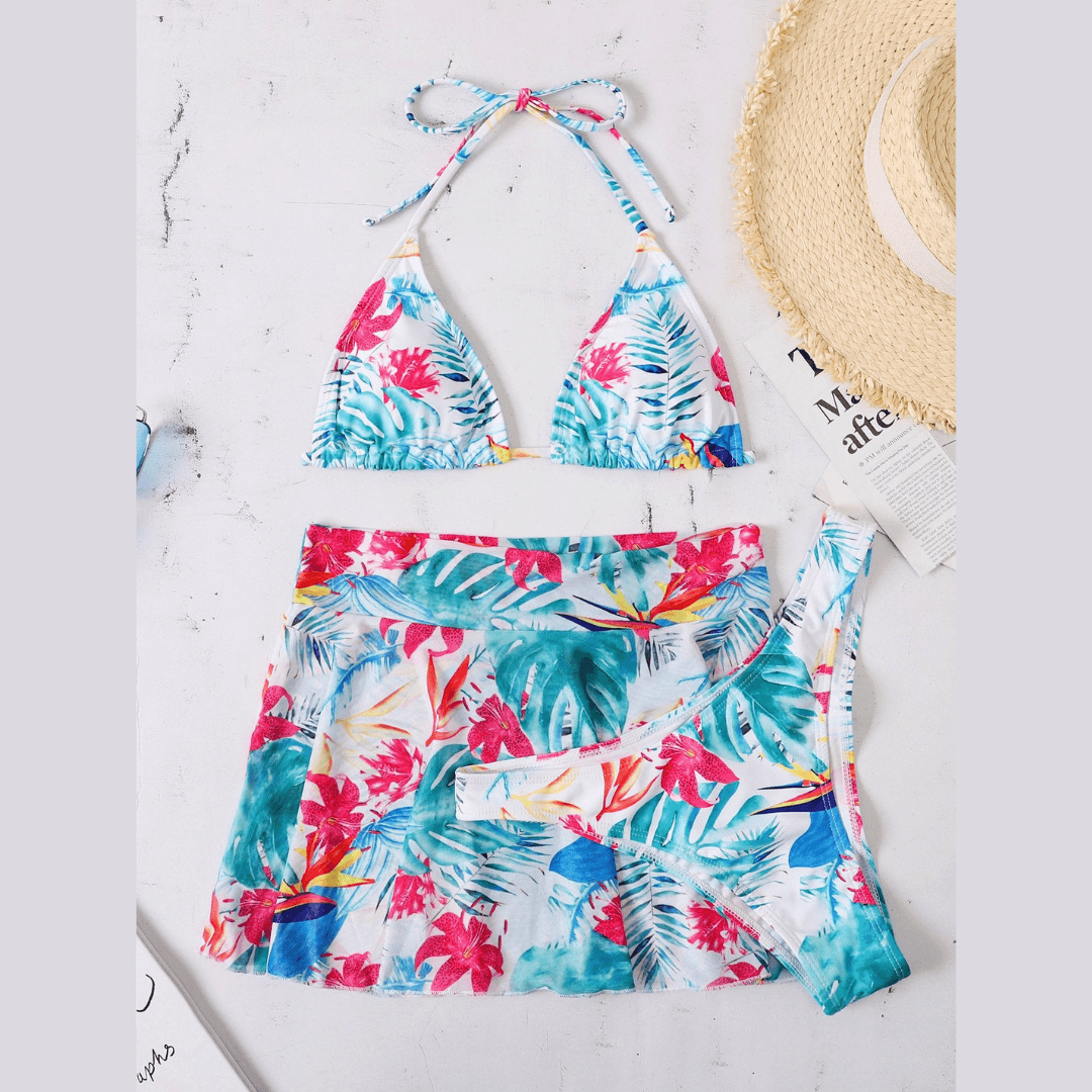 Chic Tropical Leaf Halter Skirted Swimsuit - Flattering Resort & Vacation Ready Bikini Set