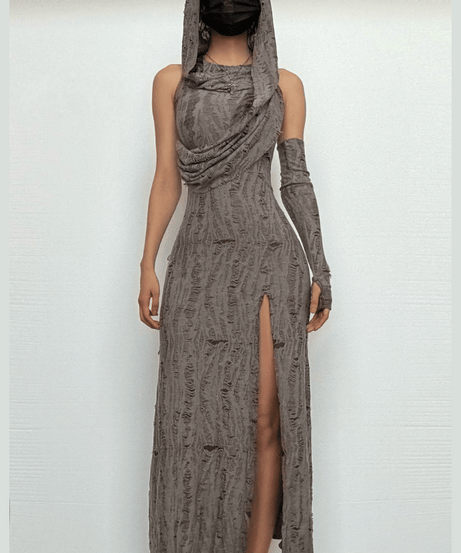 The Enigma Hooded Distressed Maxi Dress - Fall's Edgy Statement Piece