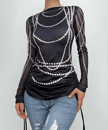 Dazzling Pearl Illusion Mesh Long Sleeve Top - Chic Drawstring Style for Fall & Holiday