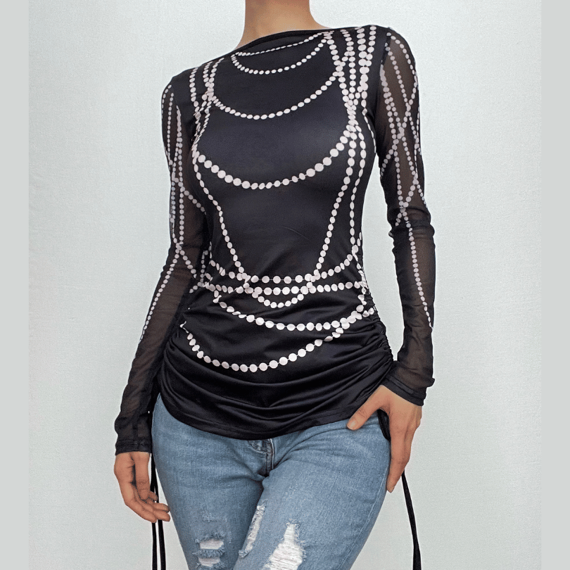Dazzling Pearl Illusion Mesh Long Sleeve Top - Chic Drawstring Style for Fall & Holiday