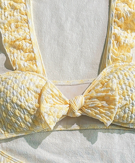 Sunny Yellow Smocked Ruffle Strap Bikini Set - Chic Bow Front & High-Cut Bottoms for Your Tropical Getaway