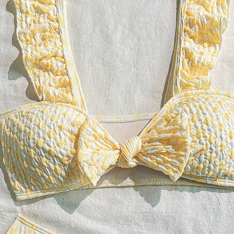Sunny Yellow Smocked Ruffle Strap Bikini Set - Chic Bow Front & High-Cut Bottoms for Your Tropical Getaway