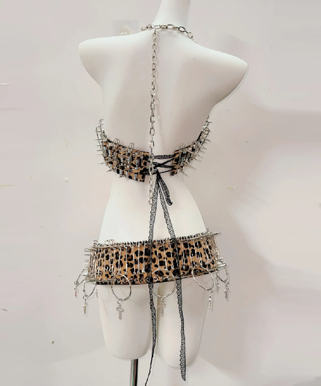 Untamed Edge Spiked Leopard Halter Top & Mini Skirt Set – Halloween Rave & Festival Ready