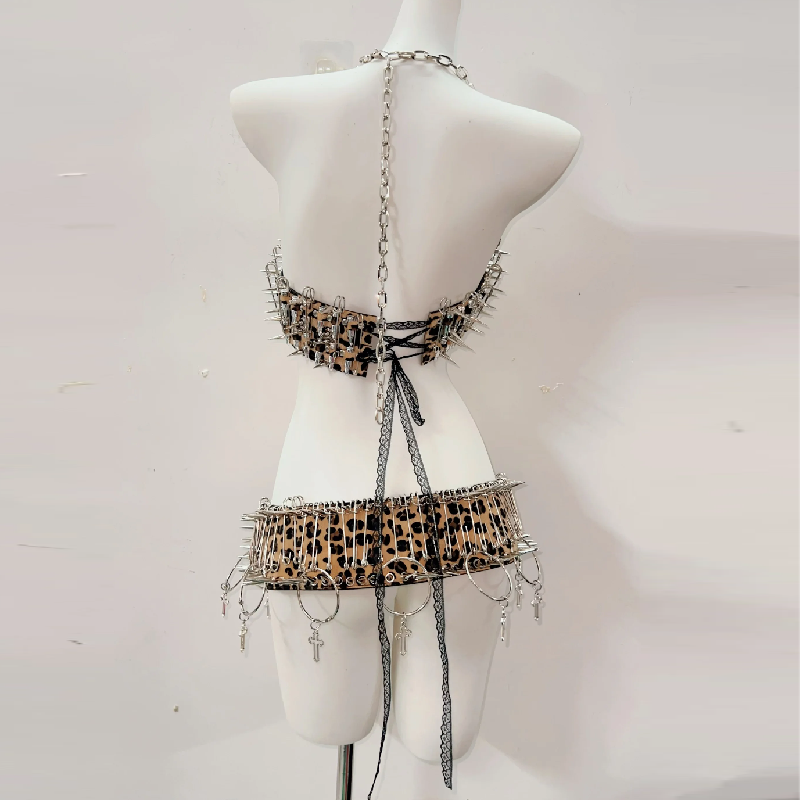 Untamed Edge Spiked Leopard Halter Top & Mini Skirt Set – Halloween Rave & Festival Ready