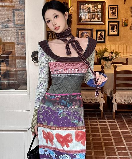 Fall Eclectic Patchwork Maxi Dress with Chic Bowknot: Vintage-Inspired Autumn Style