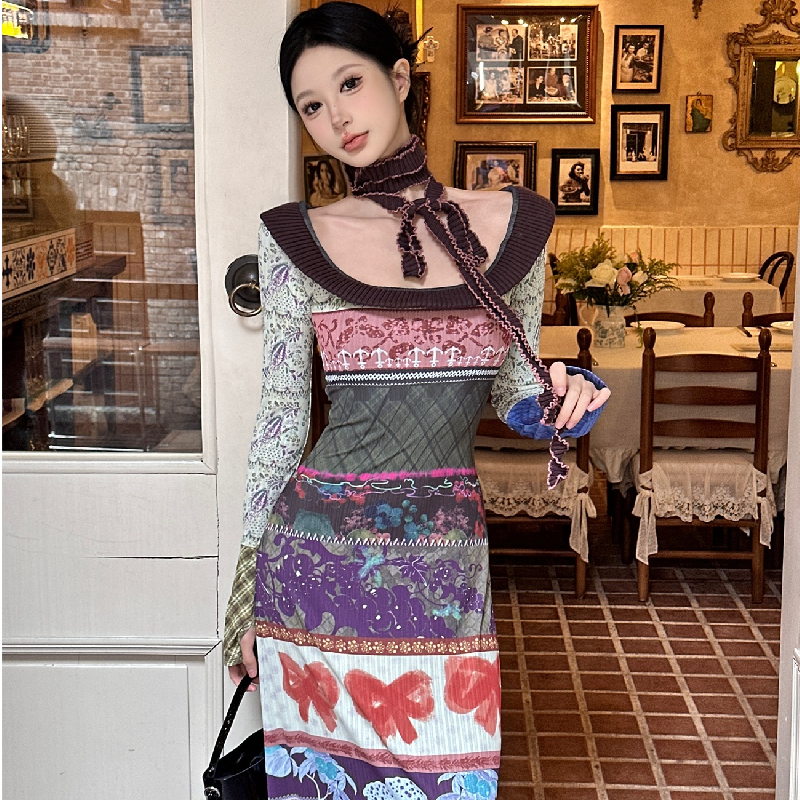 Fall Eclectic Patchwork Maxi Dress with Chic Bowknot: Vintage-Inspired Autumn Style