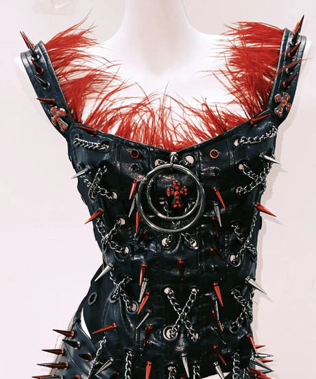 Gothic Glamour: Spiked Red Feather & Chain Corset Top - Your Ultimate Halloween & Concert Statement