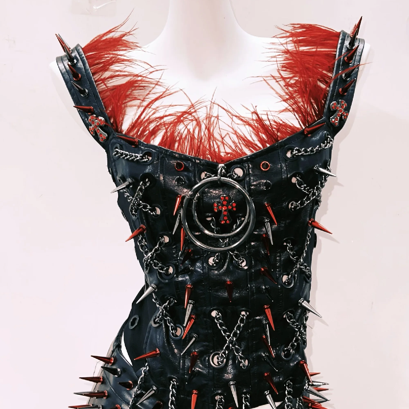 Gothic Glamour: Spiked Red Feather & Chain Corset Top - Your Ultimate Halloween & Concert Statement