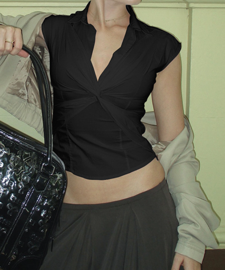 Effortless Chic Twist-Front Collared V-Neck Crop Top | Fall Style Staple