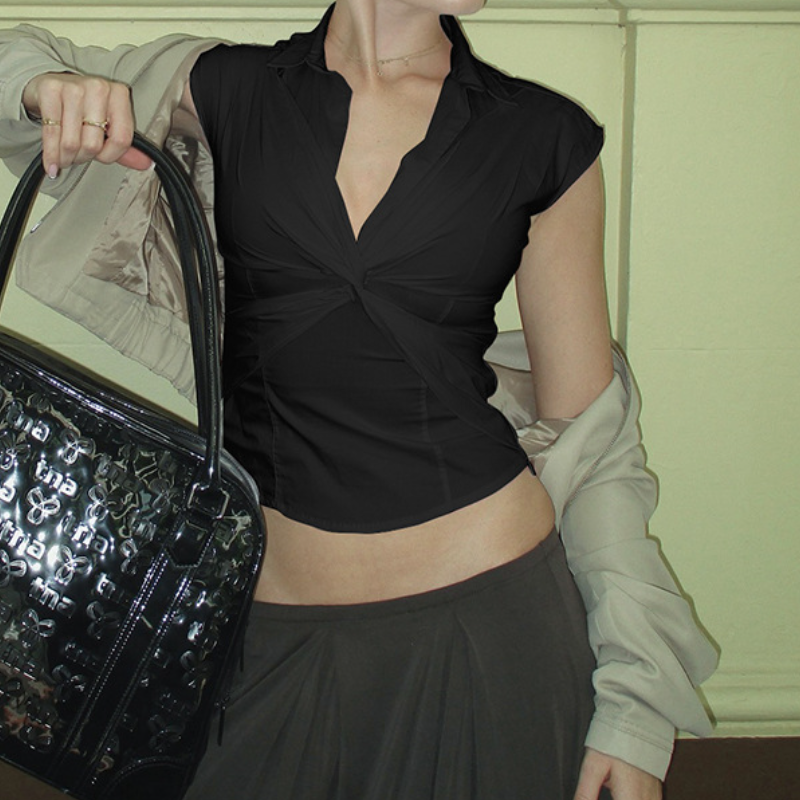 Effortless Chic Twist-Front Collared V-Neck Crop Top | Fall Style Staple