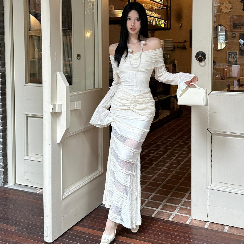 Ethereal Chic Off-Shoulder Ruched Lace Maxi Dress - Fall Events & Holiday Ready