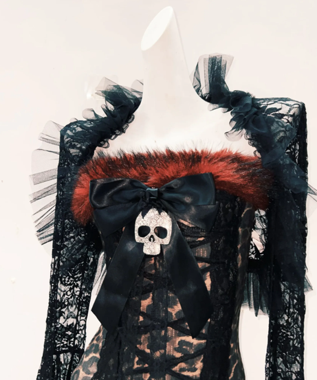 Gothic Glamour Skull Bow Mini Dress with Dramatic Bell Sleeves