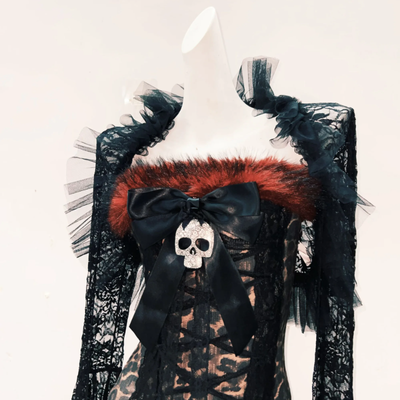 Gothic Glamour Skull Bow Mini Dress with Dramatic Bell Sleeves