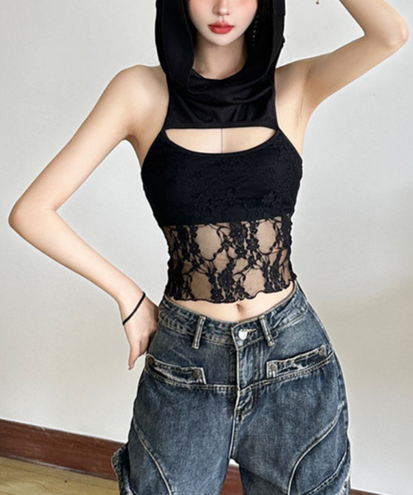 Y2K Goth Lace Hooded Crop Top | Daring Chest Cutout Tank - Fall & Halloween Style