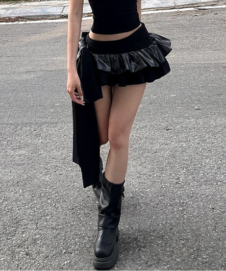 Edgy Asymmetrical Ruffle Mini Skirt - Faux Leather Detail & Fall Ready Style