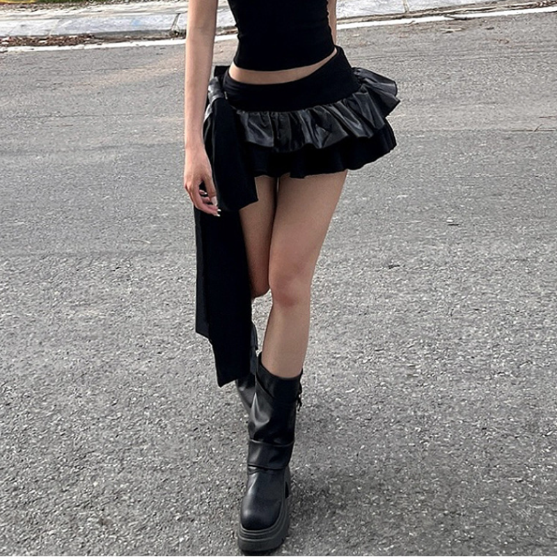 Edgy Asymmetrical Ruffle Mini Skirt - Faux Leather Detail & Fall Ready Style