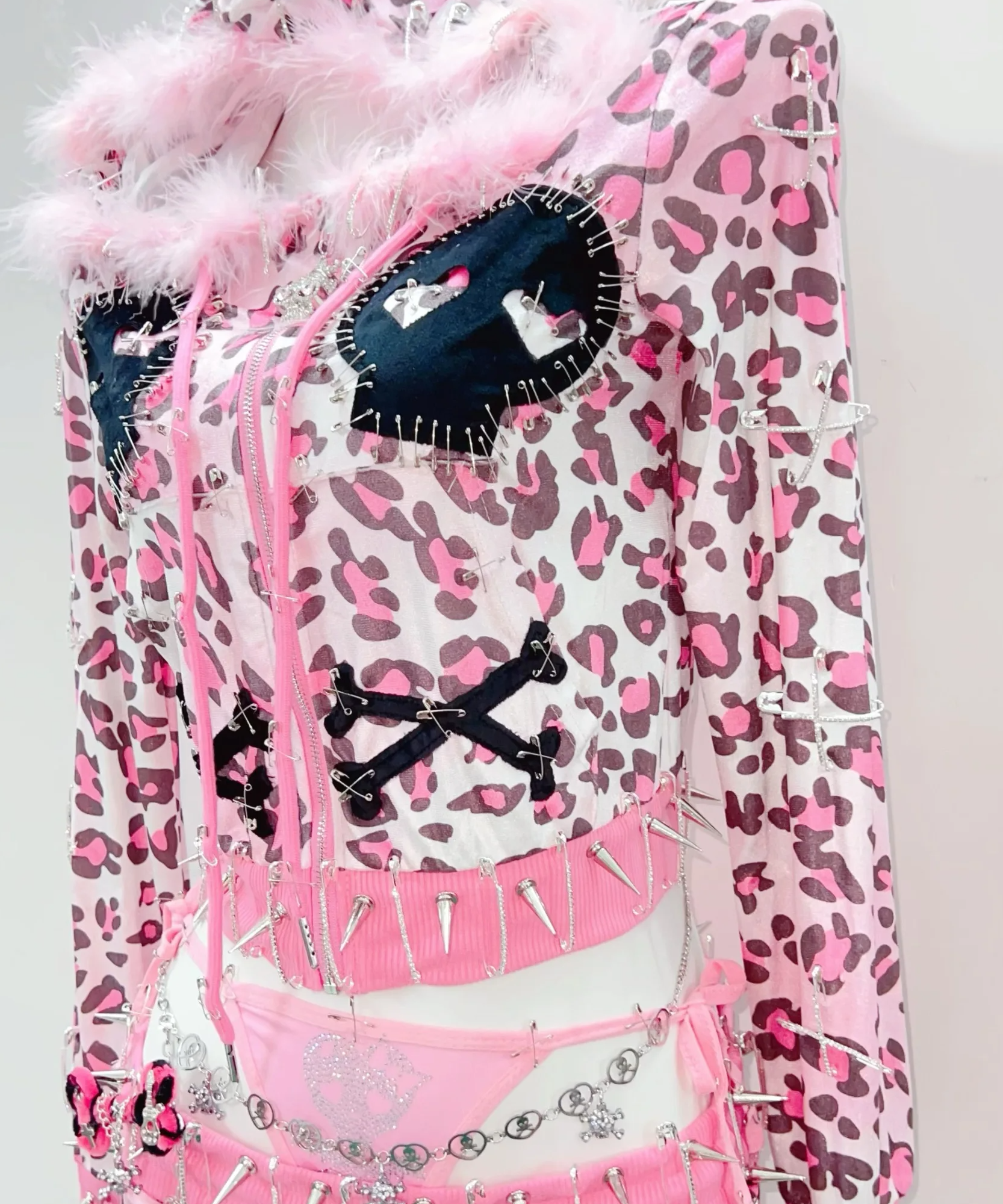 Y2K Punk Princess: Pink Leopard Spiked 3-Piece Hoodie & Mini Skirt Set - Perfect for Halloween & Parties