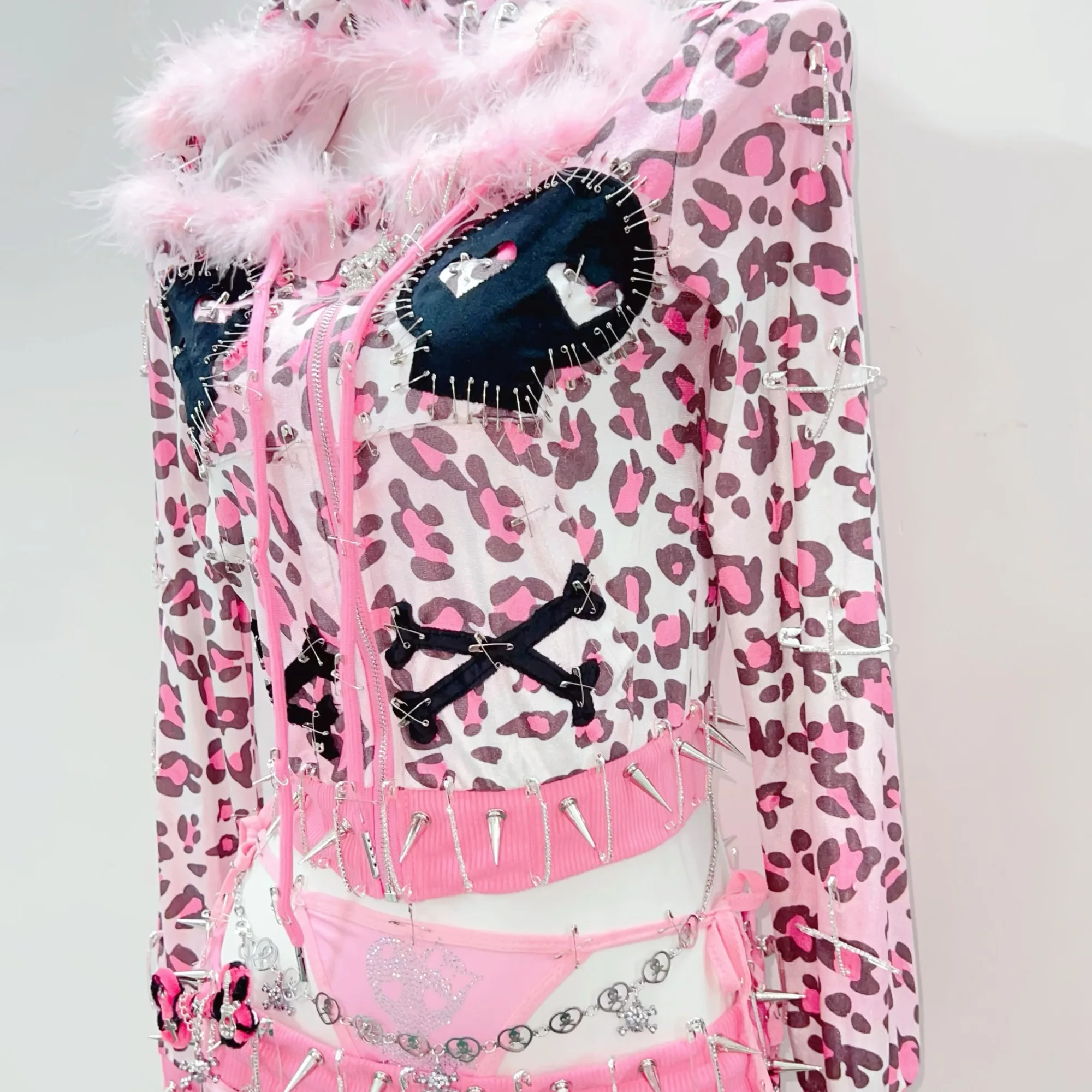 Y2K Punk Princess: Pink Leopard Spiked 3-Piece Hoodie & Mini Skirt Set - Perfect for Halloween & Parties