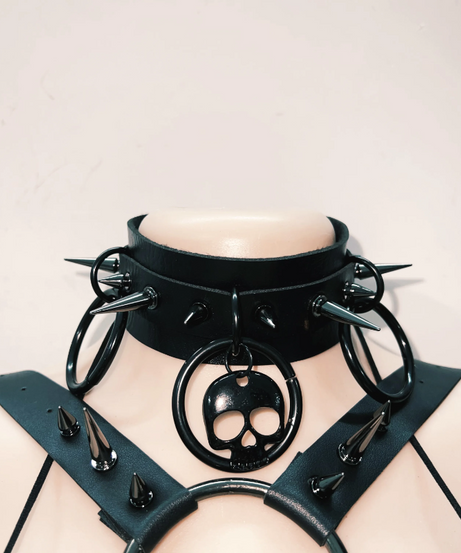 Unleash Your Inner Dark Siren: Spiked Skull Harness Mini Skirt Set – Perfect for Halloween, Raves & Goth Nights!