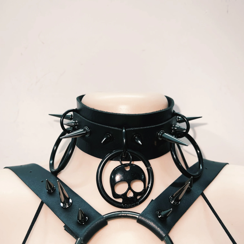 Unleash Your Inner Dark Siren: Spiked Skull Harness Mini Skirt Set – Perfect for Halloween, Raves & Goth Nights!