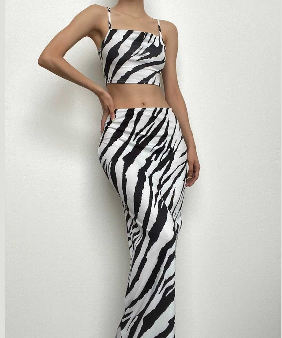 Wild Style Zebra Print Crop Top & Maxi Skirt Set - Chic Two-Piece Fall Outfit