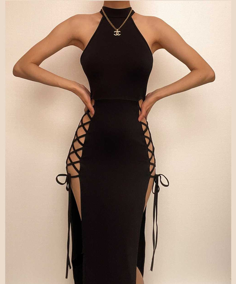 Sultry Black Halter Neck Lace-Up Side Slit Midi Dress - Your Fall & Holiday Party Essential