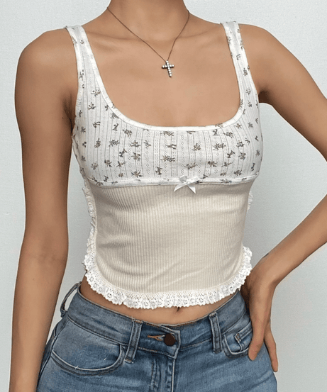 Y2K Coquette Floral Lace Trim Ribbed Tank Top - Sweet Square Neck Cami for Fall Layers