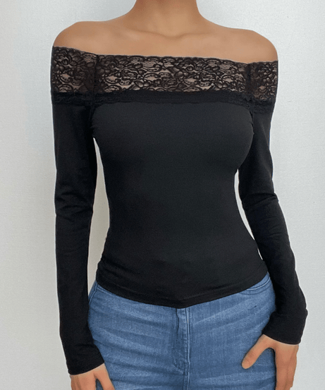 Fall & Beyond: Chic Black Lace Off-Shoulder Long Sleeve Top | American Women's Style Essential