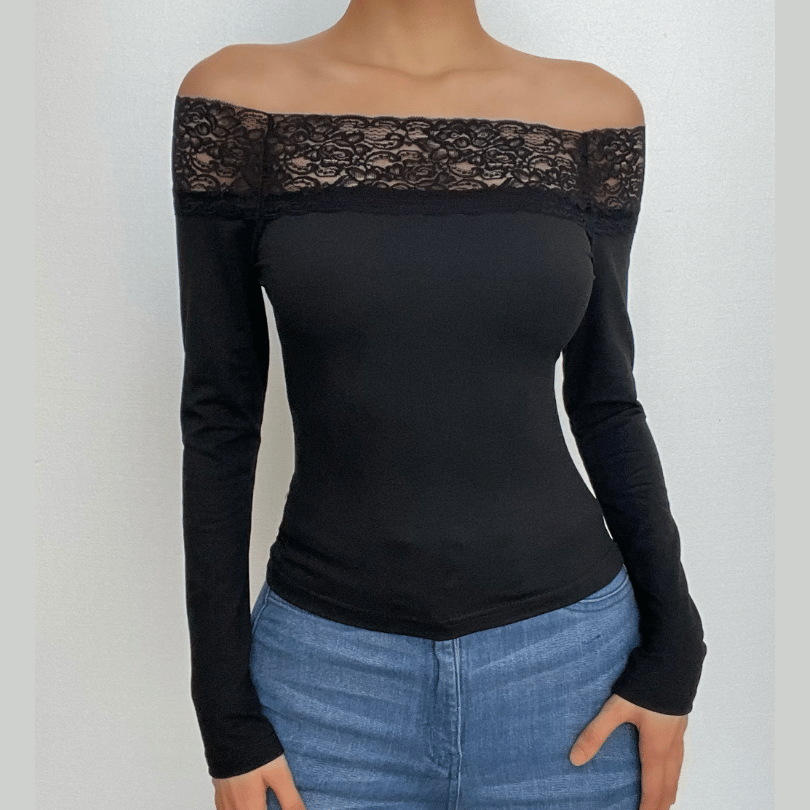 Fall & Beyond: Chic Black Lace Off-Shoulder Long Sleeve Top | American Women's Style Essential