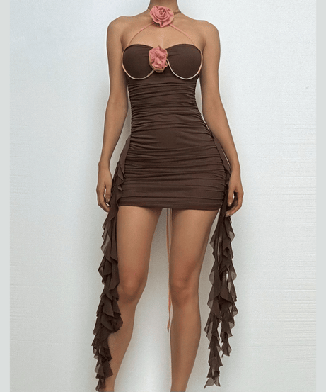 Fall Glamour: Mocha Rose Halter Mini Dress - Ruched Bodycon with Dramatic Ruffled Sashes