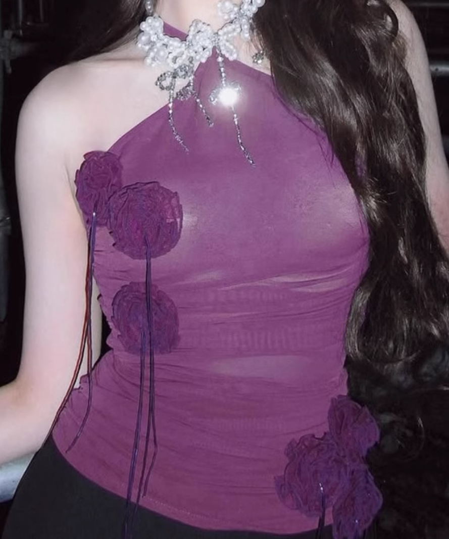 Mystic Mulberry Ruched Halter Top - Sheer Floral Appliqué for Fall & Holiday Parties