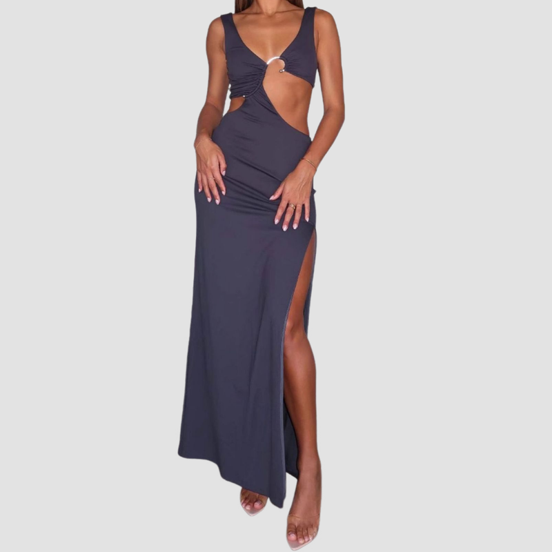 Daring Burgundy Cut-Out Maxi Dress | V-Neck & High Slit for Fall & Holiday Parties