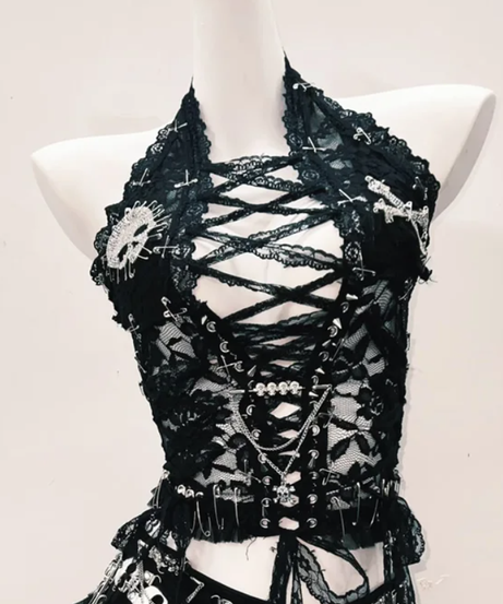 Fierce Gothic Skull Halter Top - Edgy Lace-Up Corset for Halloween, Festivals & Fall Nights