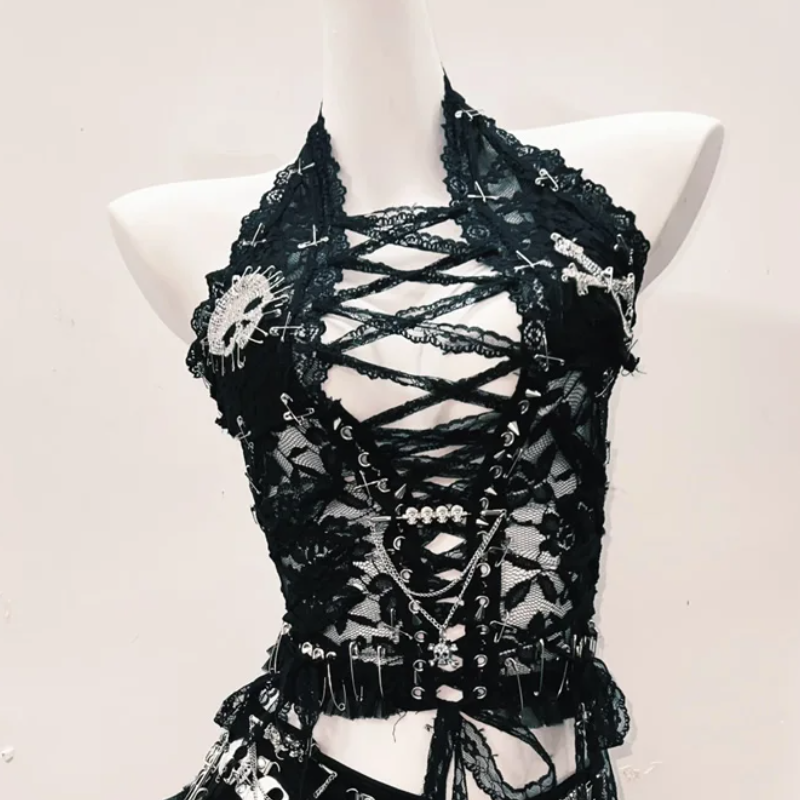 Fierce Gothic Skull Halter Top - Edgy Lace-Up Corset for Halloween, Festivals & Fall Nights