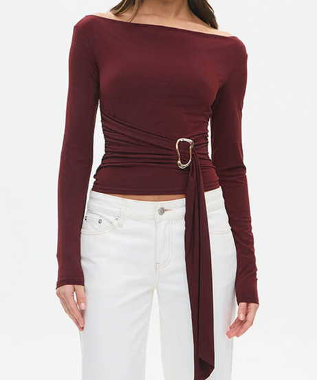 Elegant Black Off-Shoulder Ruched Top with Gold Buckle | Perfect for Fall & Holiday Glam
