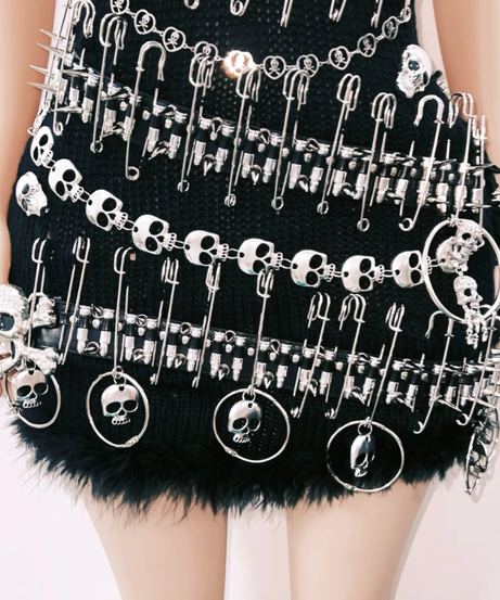 Rebel Glam Skull & Safety Pin Halter Mini Dress | Halloween Party & Goth Clubwear for Women
