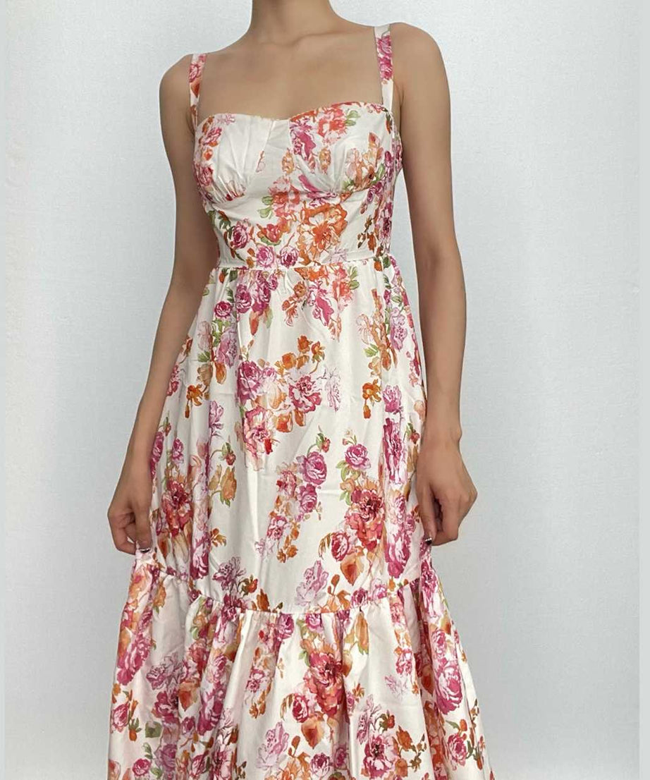 Enchanting Floral Ruched Midi Dress - Sweetheart Style for Fall Flair & Vacation Charm