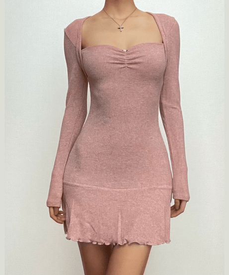 Fall Favorite: Dusty Rose Ribbed Knit Sweetheart Mini Dress | Long Sleeve Bodycon with Flirty Ruffle Hem
