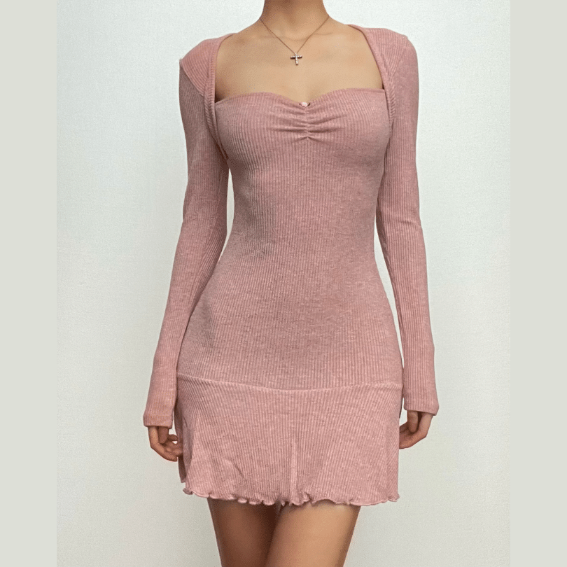 Fall Favorite: Dusty Rose Ribbed Knit Sweetheart Mini Dress | Long Sleeve Bodycon with Flirty Ruffle Hem