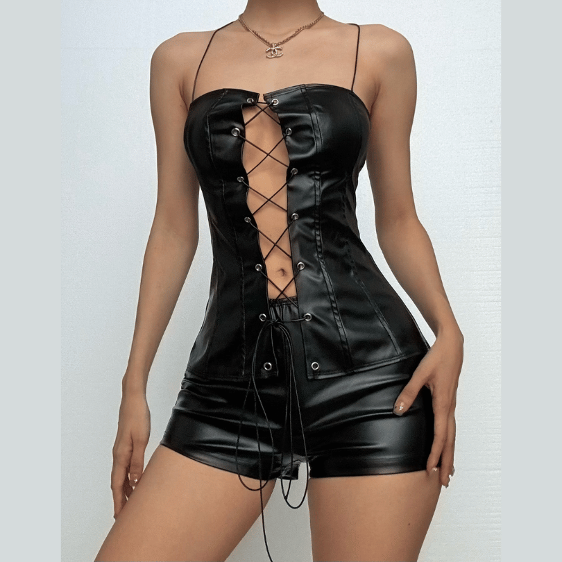 Fierce Faux Leather Lace-Up Corset Top & Shorts Set - Your Ultimate Fall & Halloween Party Look