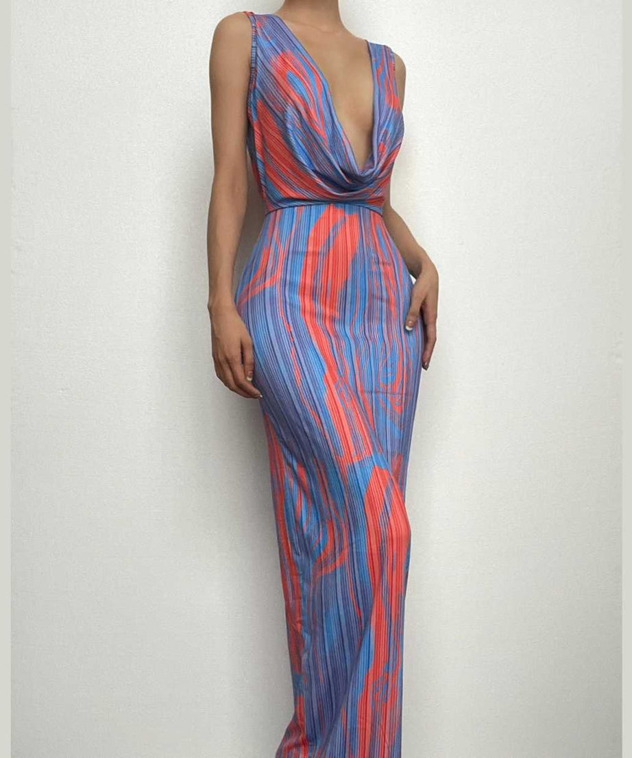 Vibrant Abstract Print Cowl Neck Maxi Dress - Backless Glam for Fall Events & Vacation Getaways