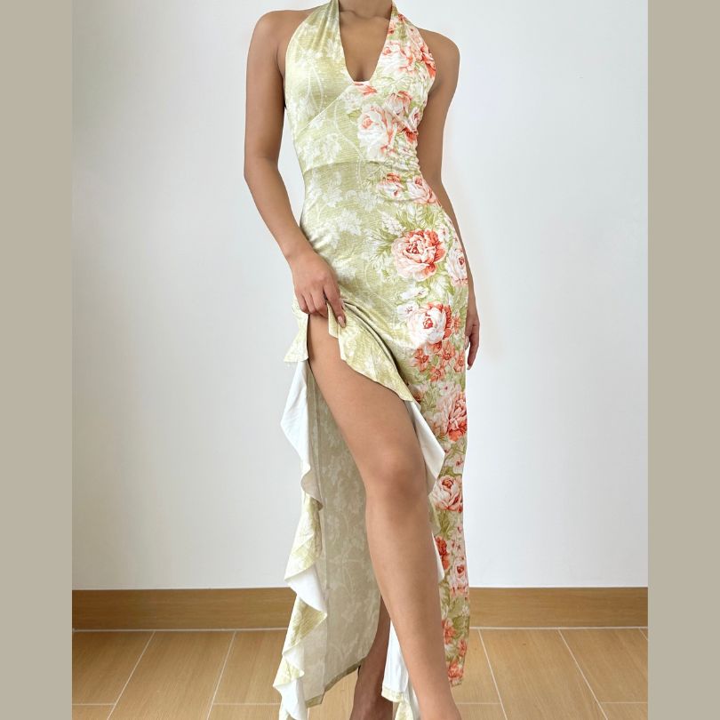 Blushing Blooms Halter Maxi Dress with Ruffle Slit - Your Elegant Escape for Resort & Fall Events